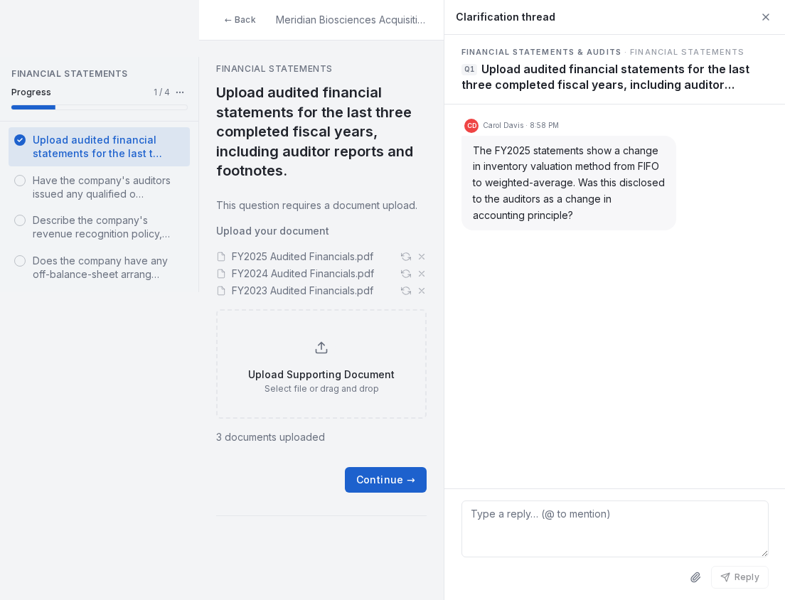 The target answer flow: a single question with document upload and an open clarification thread