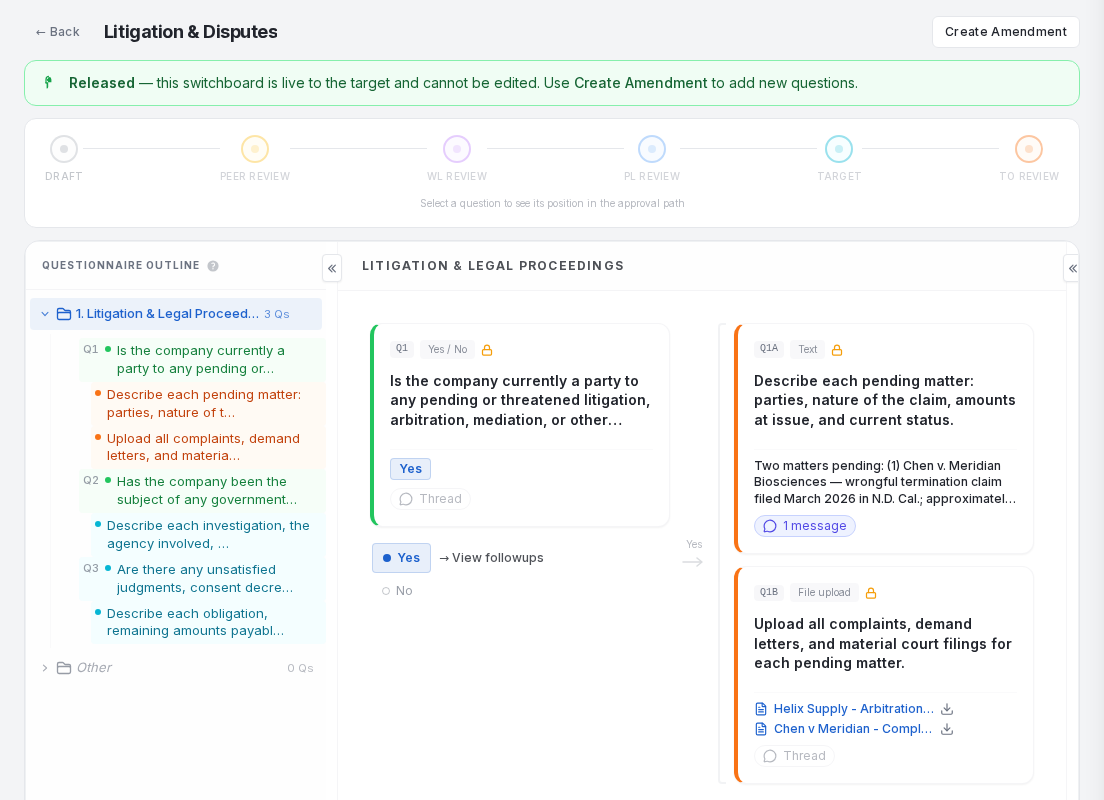 The switchboard builder showing a branching question tree with follow-up questions and linked documents
